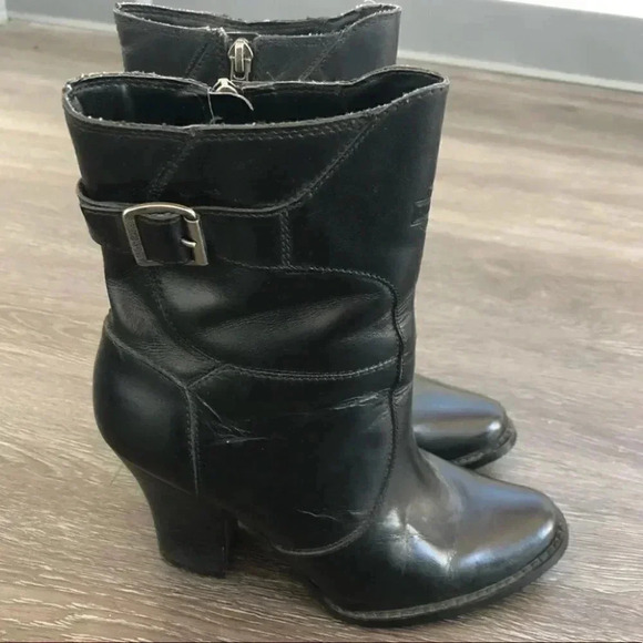 Harley Davidson Black Leather Heeled Western Block Heel Mid Calf Boots Point Toe - Picture 2 of 13